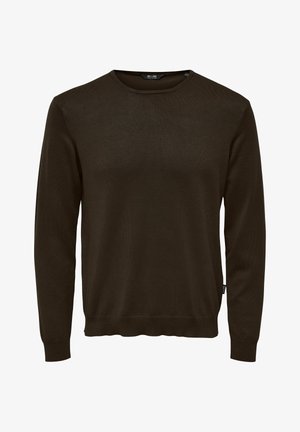 Pull à col rond à manches longues de couleur brun foncé, avec poignets et ourlet côtelés, fabriqué en tissu tricot fin.