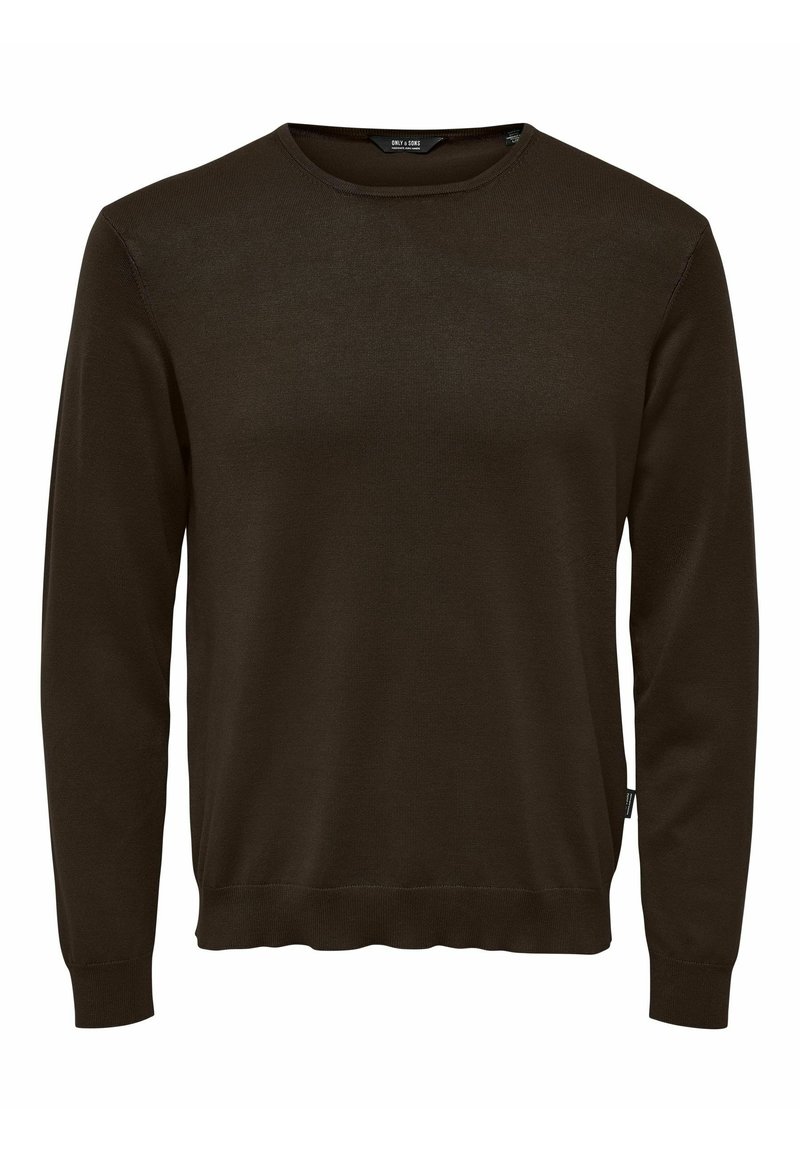 Pull à col rond à manches longues de couleur brun foncé, avec poignets et ourlet côtelés, fabriqué en tissu tricot fin.