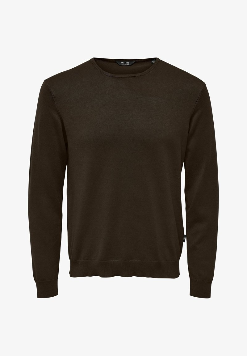 Pull à col rond à manches longues de couleur brun foncé, avec poignets et ourlet côtelés, fabriqué en tissu tricot fin.