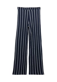 Marineblauwe wijde broek met witte verticale strepen, gemaakt van zachte stof met een elastische tailleband voor een comfortabele pasvorm.