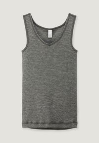 Grijze tanktop met v-hals ontwerp, gemaakt van zacht materiaal met een subtiele textuur. Voorzien van brede schouderbanden en een rechte zoom aan de onderkant.