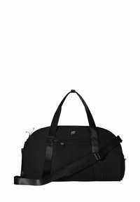 Black duffel bag made of durable fabric, featuring dual handles, a detachable shoulder strap, and a zippered front pocket.