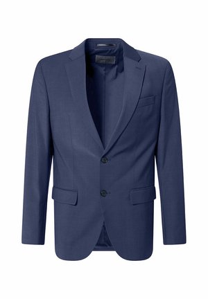Marineblaues Blazer aus strukturiertem Stoff, einreihiges Design mit zwei Vorderaschentaschen und Spitzklappen. Verfügt über zwei blaue Knöpfe.