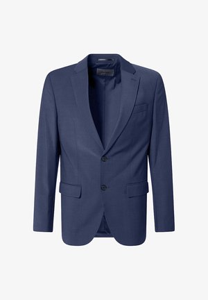 Blazer bleu marine en tissu texturé, à simple boutonnage avec deux poches avant et revers crantés. Doté de deux boutons bleus.