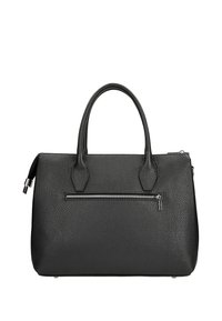 Borsa a tracolla in pelle nera con finitura testurizzata, doppi manici superiori, tasca con zip sul davanti e chiusura a zip sulla parte superiore.