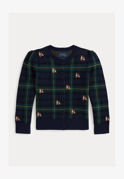 Tengerészkék kardigán zöld és sárga kockás mintával, hímzett kutyákkal. Bordás mandzsetták és alsó szegély, gombos elülső záródás és kerek nyakkivágás.