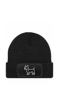 Black knitted beanie hat with a folded cuff, featuring a white embroidered dog silhouette on a rectangular patch. Textured fabric.