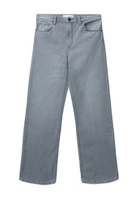 Jeans grigi ampi realizzati in denim. Presentano due tasche frontali, una chiusura con bottone e dettagli di cucitura sottili sopra le tasche.