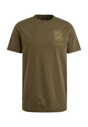 Olijfgroen katoenen T-shirt met korte mouwen, ronde hals en bedrukt grafisch ontwerp in beige en oranje tinten op de voorkant.