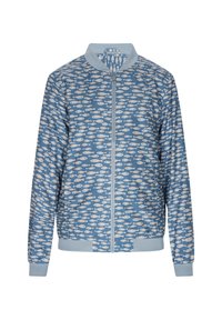 Blue bomber jacket with white fish pattern, ribbed cuffs and collar, zipper front closure, lightweight fabric with a smooth texture.