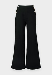 Pantaloni negri, cu talie înaltă, confecționați din denim. Design cu picior larg și patru nasturi aurii pe lateral. Textură netedă și croială ajustată.