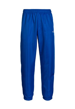 Blue athletic pants made of lightweight, smooth material. Features an elastic waistband and elastic cuffs at the ankles. Minimalistic design.