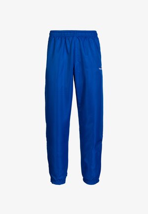 Blue athletic pants made of lightweight, smooth material. Features an elastic waistband and elastic cuffs at the ankles. Minimalistic design.