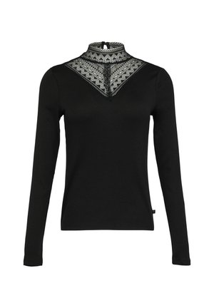 Black long-sleeve top with a high, decorative collar featuring intricate lace detailing. The body is smooth and fitted, emphasizing a sleek silhouette.