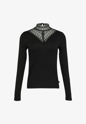 Schwarzes Langarmoberteil mit hohem, dekorativem Kragen und filigranen Spitzenverzierungen. Der Körper ist glatt und tailliert und betont eine elegante Silhouette.