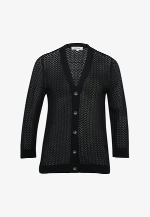 Cardigan nero con scollo a V, caratterizzato da un motivo a zigzag, maniche lunghe e sei bottoni neri. Realizzato in un materiale leggero e testurizzato.