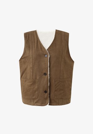 Braune ärmellose Weste mit vorderen Knöpfen, zwei vorderen Taschen und weißem Fleece-Futter, flach auf einem weißen Hintergrund gezeigt.