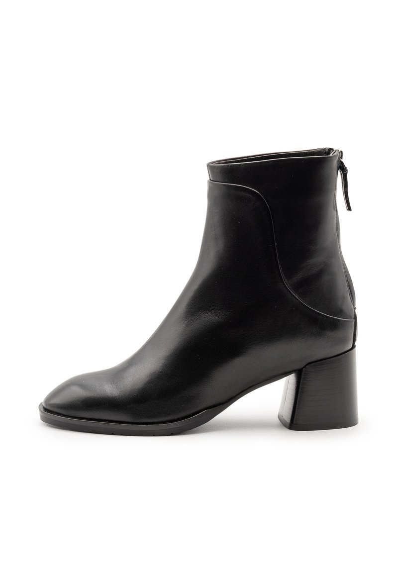 Stivaletto in pelle nera con punta quadrata e tacco chunky. Presenta una cerniera laterale e una texture liscia e lucida con cuciture minime.