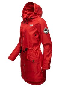Red rain jacket with a hood, elastic drawstring waist, two front pockets, and logo patch on the sleeve. Smooth, water-resistant fabric.