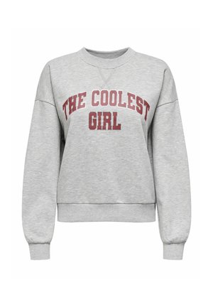 Grauer Pullover mit dem Schriftzug "THE COOLEST GIRL" in kräftigen, kastanienbraunen Buchstaben. Rippbündchen an Ärmelenden und Saum, lockere Passform mit rundem Halsausschnitt.
