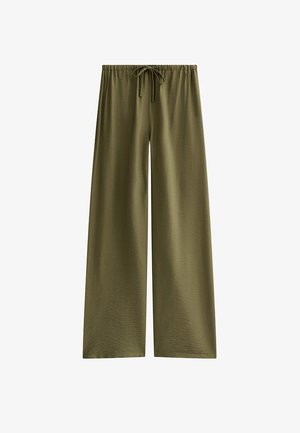 Pantalon kaki à jambes larges en tissu lisse, doté d'une taille élastique avec un cordon de serrage pour un ajustement personnalisé.