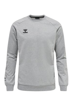 Grijze sweater met lange mouwen, ronde hals, ribgebreide manchetten en zoom. Bevat een zwart logo op de borst en gemusterde accenten op de mouwen.