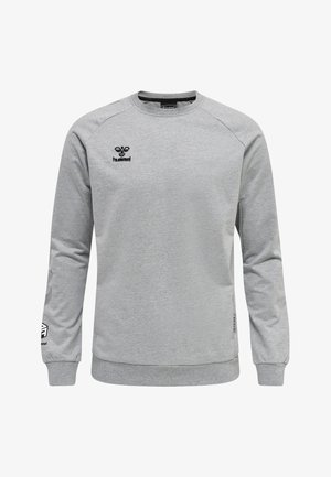 Grå sweatshirt med lange ærmer, rund halsudskæring, ribbede manchetter og kant. Har et sort logo på brystet og mønstrede detaljer på ærmerne.