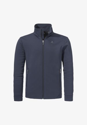 Dunkelmarineblauer Reißverschlussjacke mit Stehkragen, langen Ärmeln, seitlichen Reißverschlusstaschen und kleinem Logo auf der linken Brust.