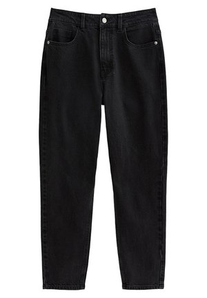 Jeans in denim nero con taglio dritto, dotati di cinque tasche, passanti per cintura e chiusura frontale con bottone. Dettaglio di cuciture sottili.