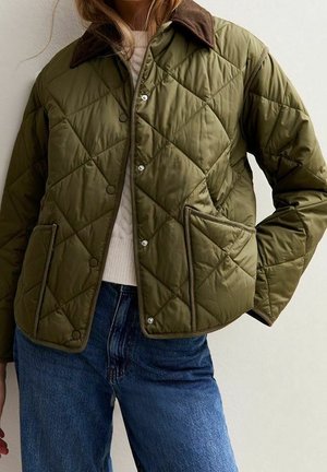 Person iført en grøn quiltet jakke med trykknapper og store lommer over en hvid sweater og blå jeans, stående mod en ensfarvet baggrund.