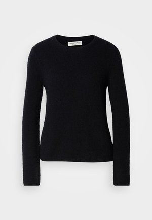 Black long-sleeve crew neck sweater with soft, fuzzy texture, slim fit, and Marc O’Polo label inside the collar.