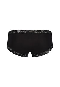 Culotte hipster noire pour femme avec bordure en dentelle florale le long de la ceinture et des ouvertures des jambes.