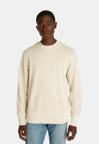 Felpa beige con scollatura a girocollo e maniche lunghe. Presenta dettagli di cucitura sottili e un piccolo logo sul petto. Indossata con jeans blu.
