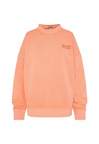 Oversized coral sweatshirt with a mock neck, dropped shoulders, ribbed cuffs, and a small logo on the chest in a contrasting shade.