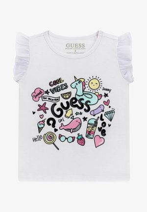 Hvid toddler-skjorte med flæseærmer med farverige kruseduller af en enhjørning oppustelig, sol, hval, is, drik og ord som guess, cool vibes og love.