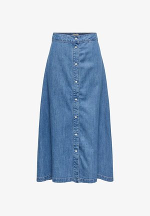 Helehall sinine teksaseelik, millel on ees nupuga kinnis, A-lõige ja põlveni ulatuv lõige, peene tekstuuri ja ilma mustriteta.