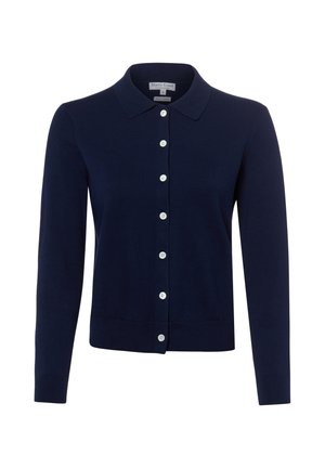 Navyblauwe langarmige cardigan met kraag en zeven witte knopen aan de voorkant, gemaakt van fijne katoen.