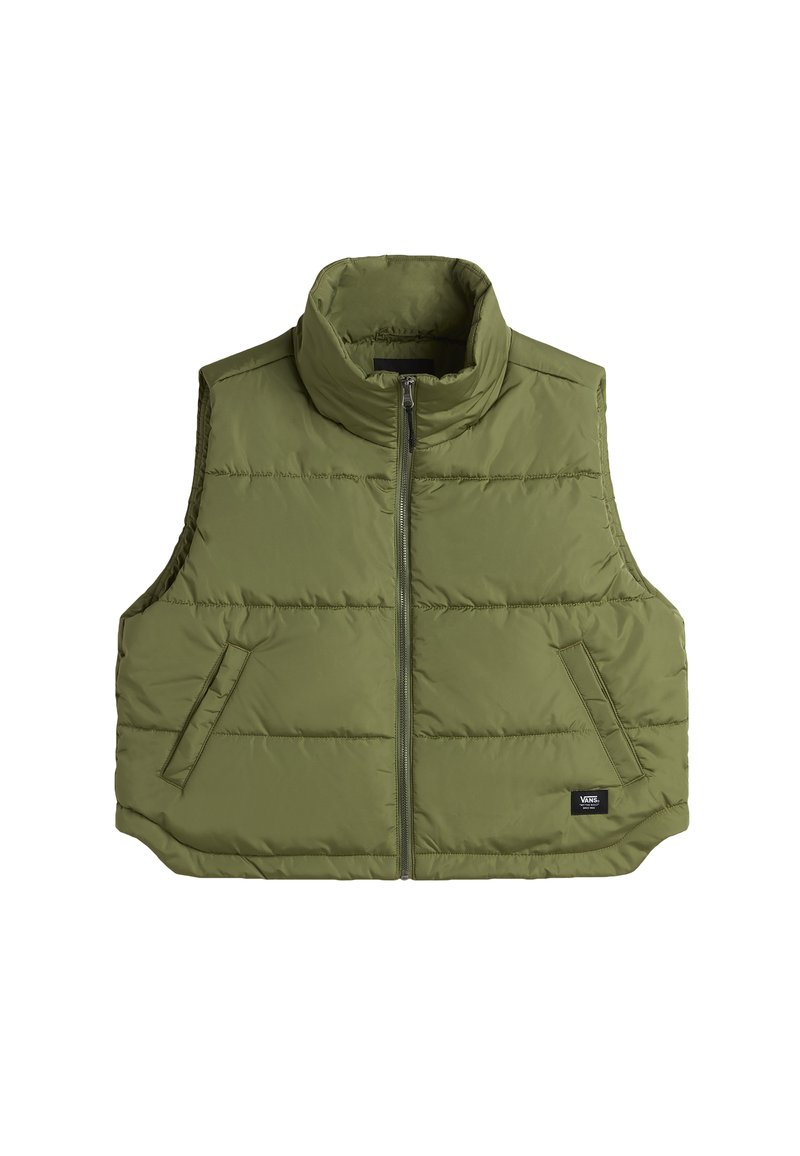 Zelenohnědá prošívaná vesta s vysokým límcem, předním zipem a dvěma bočními kapsami. Obsahuje prošité sekce pro izolaci.