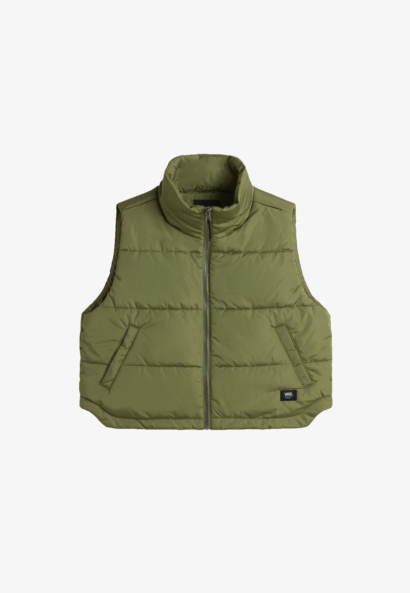 Zelenohnědá prošívaná vesta s vysokým límcem, předním zipem a dvěma bočními kapsami. Obsahuje prošité sekce pro izolaci.