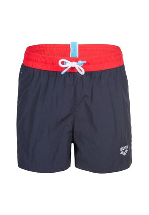 Costume da bagno blu navy con vita elastica rossa, coulisse bianca e piccolo logo bianco "arena" sulla gamba anteriore destra.