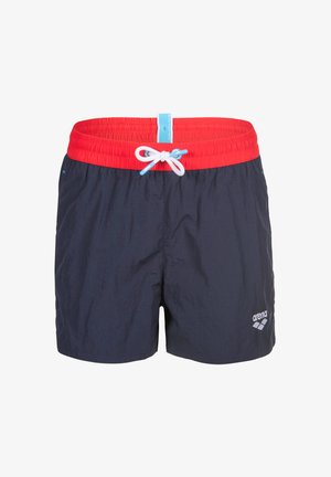 Navyblaue Badeshorts mit rotem elastischem Bund, weißem Kordelzug und kleinem weißen "arena"-Logo auf dem vorderen rechten Bein.