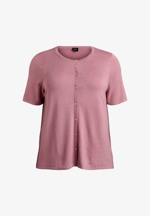 Īsām piedurknēm rozā kardigans no mīksta auduma ar apaļu apkakli un pieciem pogu aizdares līnijā priekšpusē. Gluda tekstūra.