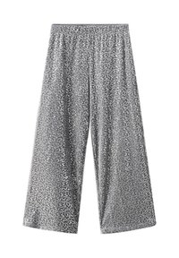 Gray wide-leg pants with an elastic waistband, featuring a white abstract pattern throughout. Made from a soft, lightweight fabric.