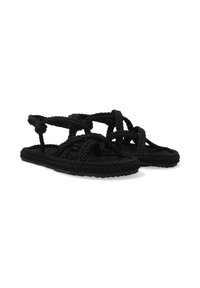 Zwarte touwsandalen met een gevlochten ontwerp, voorzien van meerdere knoopaccenten en een gestructureerde platte zool, die een unieke en flexibele pasvorm bieden.