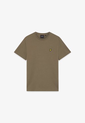 Yksivärinen oliivinvihreä lyhythihainen t-paita pyöreällä kaula-aukolla ja pienellä keltaisella lintulogo vasemmassa rinnassa.