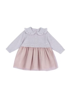 Robe bébé à manches longues avec corsage en maille gris clair, col volanté et jupe en tulle rose doux.