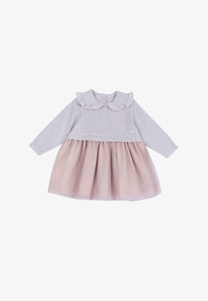 Robe bébé à manches longues avec corsage en maille gris clair, col volanté et jupe en tulle rose doux.