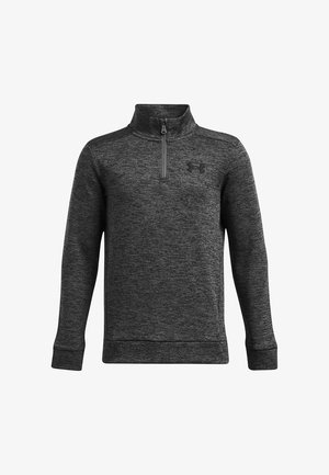 Pullover nero a maniche lunghe con mezza zip realizzato in tessuto testurizzato. Presenta un colletto alto e un piccolo logo sul petto.