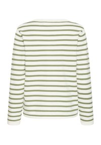 Chemise à manches longues avec rayures horizontales vertes et blanches, col rond et tissu doux avec poignets côtelés.