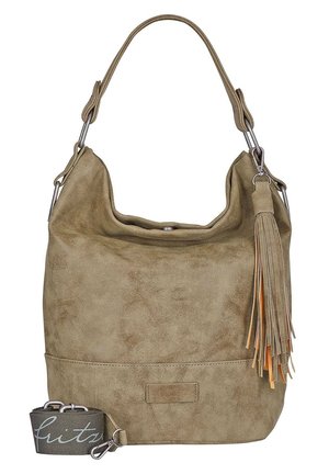 Skuldertaske i taupe ruskind med knudet håndtag, aftagelig rem med logo og en lang frynset kvast på siden.